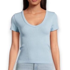 No Boundaries Sky Blue Ribbed V-Neck Tee